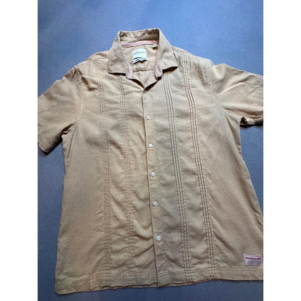 Scotch & Soda Amsterdam Tan Linen Blend Pintuck Short Sleeve Shirt Large - 62
